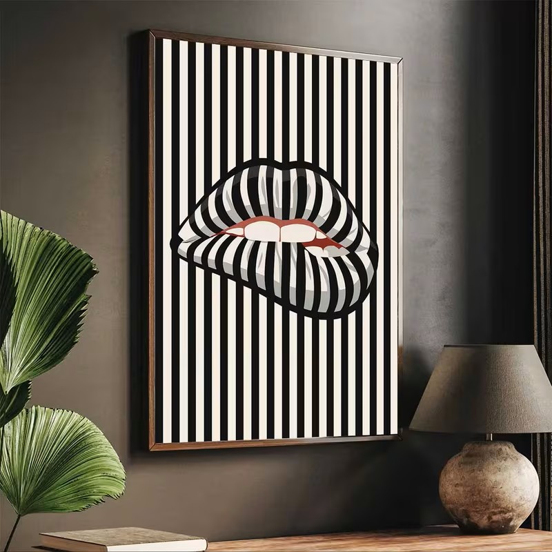 간단하고 추상적인 줄무늬 입술 모양의 캔버스 포스터 아 - Interior Designer 리뷰 및 가격